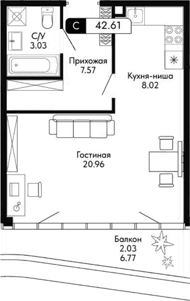Студия, 40.58 м²