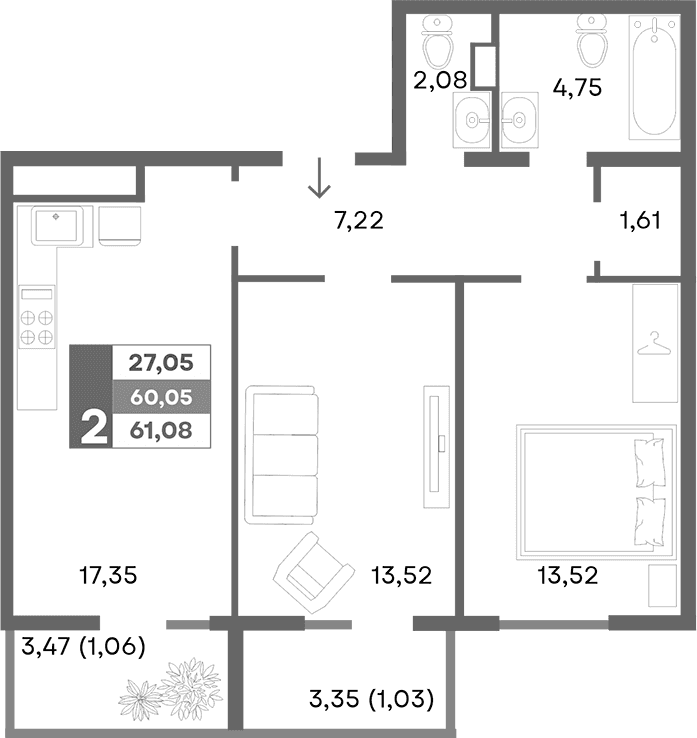 2-комн., 58.99 м²