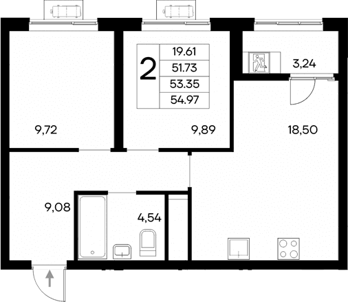 2-комн., 51.73 м²