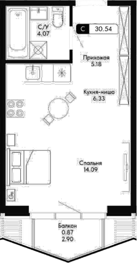 Студия, 29.67 м²