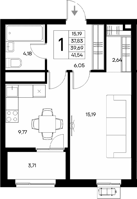 1-комн., 37.83 м²