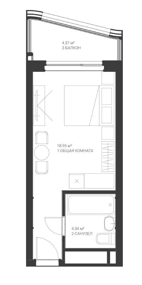 Студия, 23.29 м²