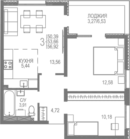 2-комн., 53.65 м²