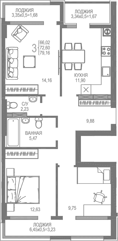 3-комн., 66.02 м²