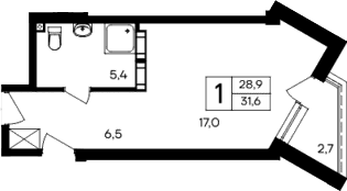 Студия, 28.9 м²