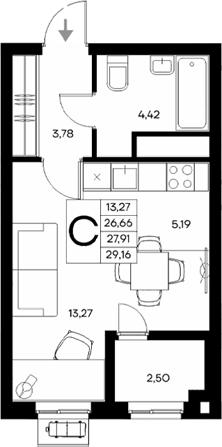 Студия, 26.66 м²