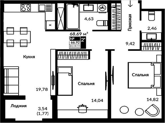 3-комн., 65.15 м²