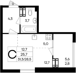 Студия, 25.7 м²