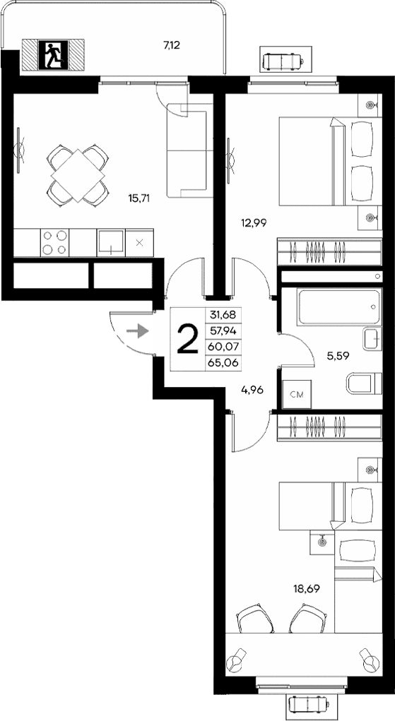 2-комн., 57.94 м²