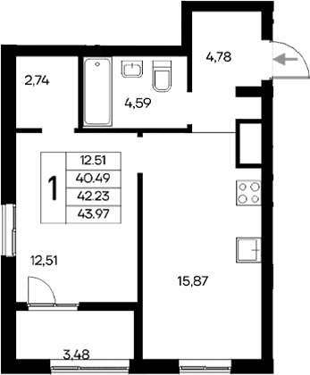 1-комн., 40.49 м²