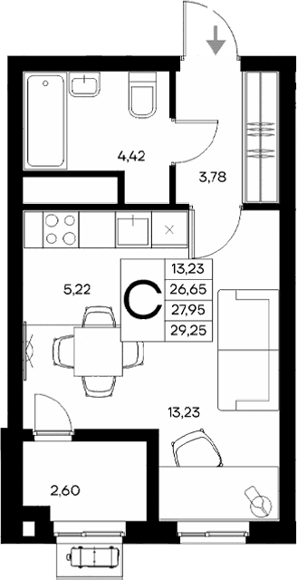 Студия, 26.65 м²