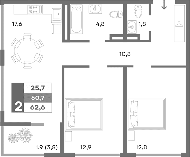 2-комн., 60.7 м²