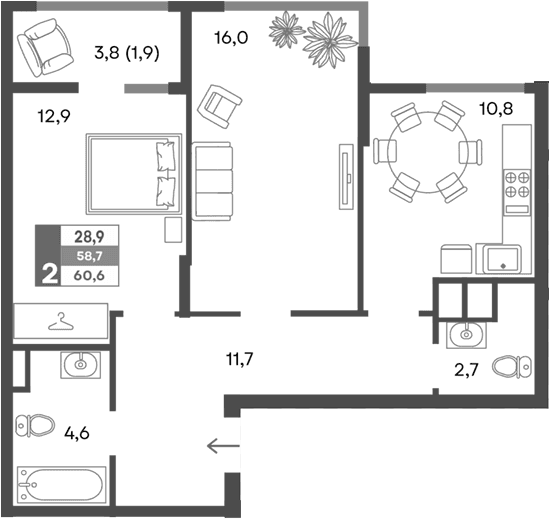 2-комн., 58.7 м²