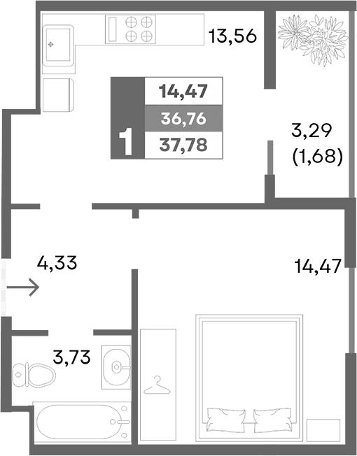 1-комн., 36.1 м²