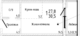 Студия, 27.8 м²