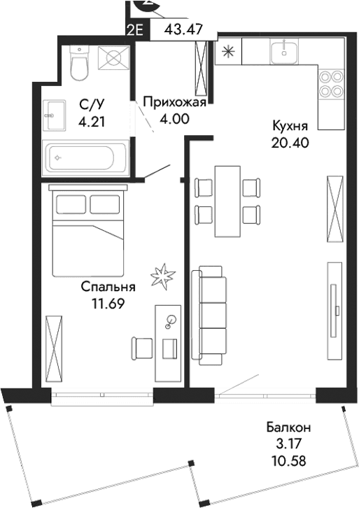 2-комн., 40.3 м²