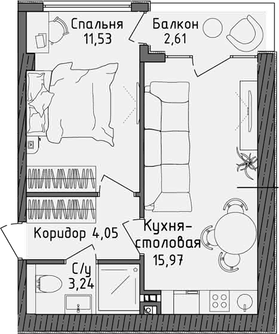 2-комн., 33.6 м²