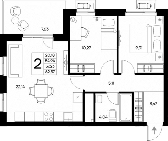 2-комн., 54.94 м²