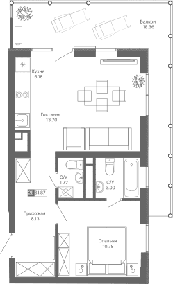 2-комн., 43.51 м²