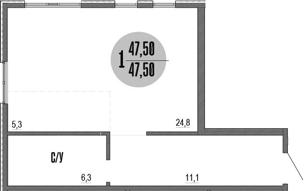 Студия, 47.5 м²