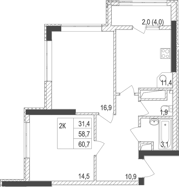 2-комн., 58.7 м²