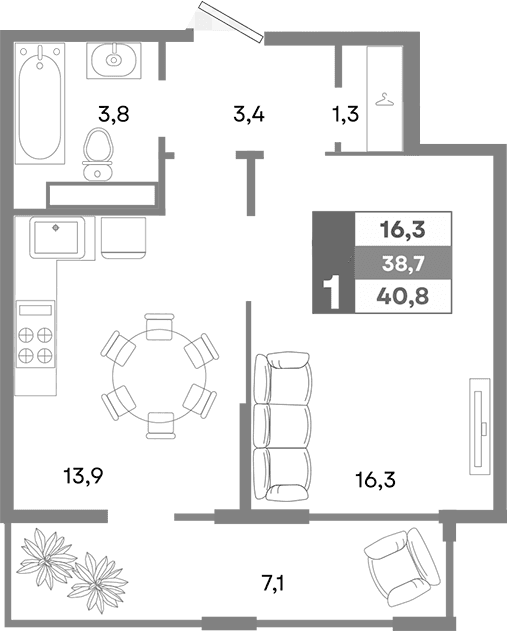 1-комн., 38.67 м²