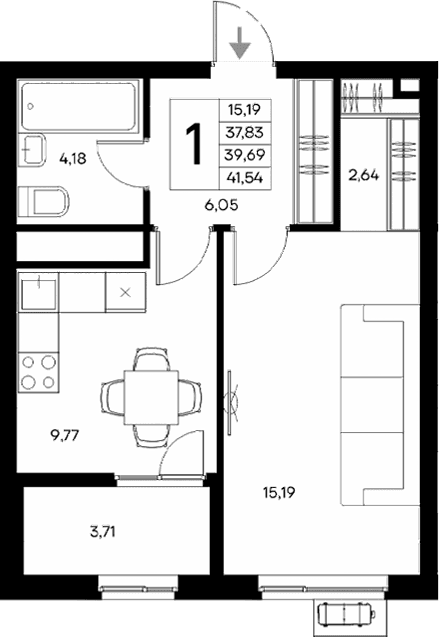 1-комн., 37.83 м²