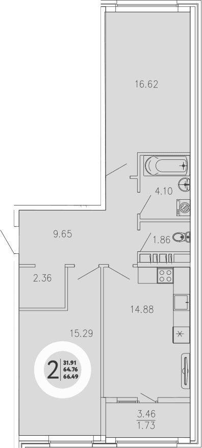 2-комн., 64.76 м²