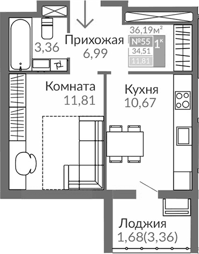 1-комн., 32.83 м²