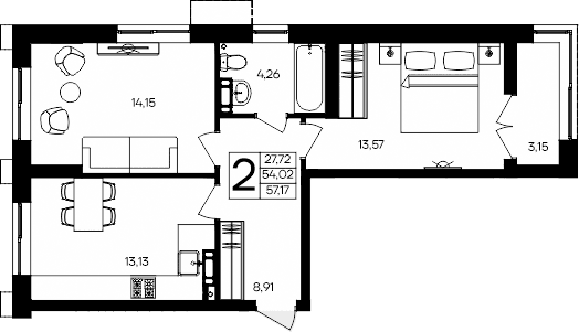 2-комн., 54.02 м²