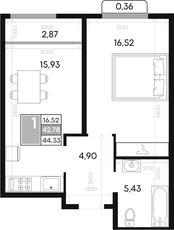 1-комн., 42.78 м²
