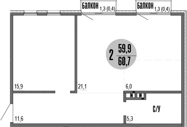 2-комн., 59.9 м²