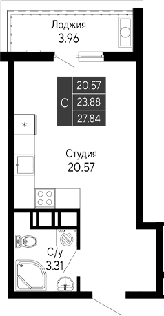 Студия, 23.88 м²