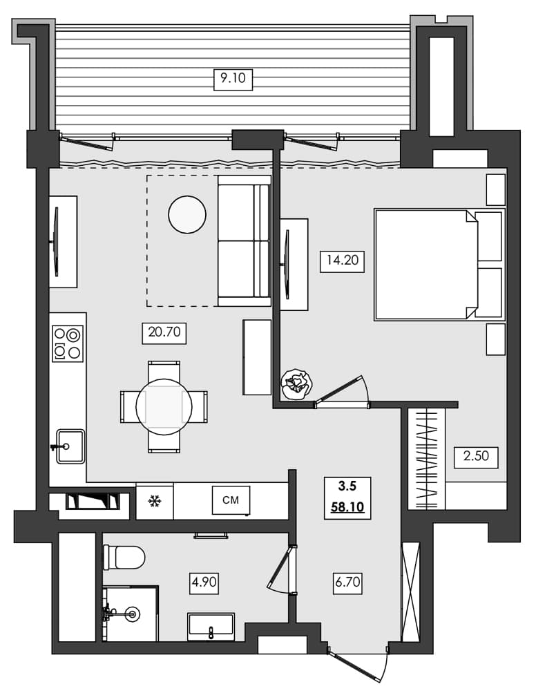 1-комн., 49 м²