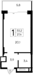 Студия, 27.4 м²