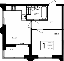 1-комн., 39 м²