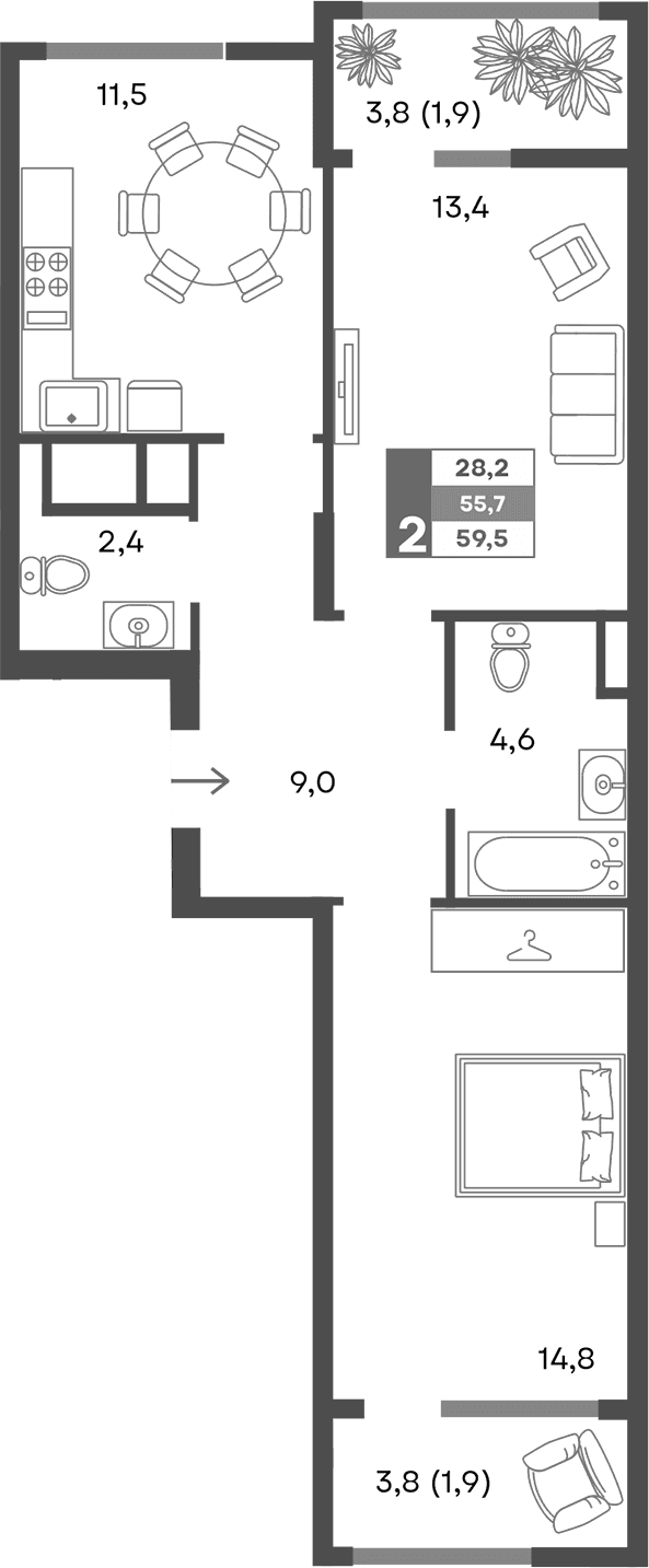 2-комн., 55.7 м²