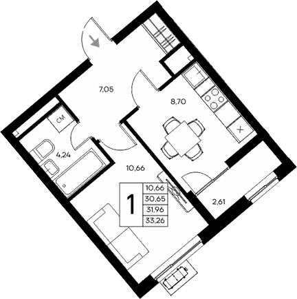 1-комн., 30.65 м²