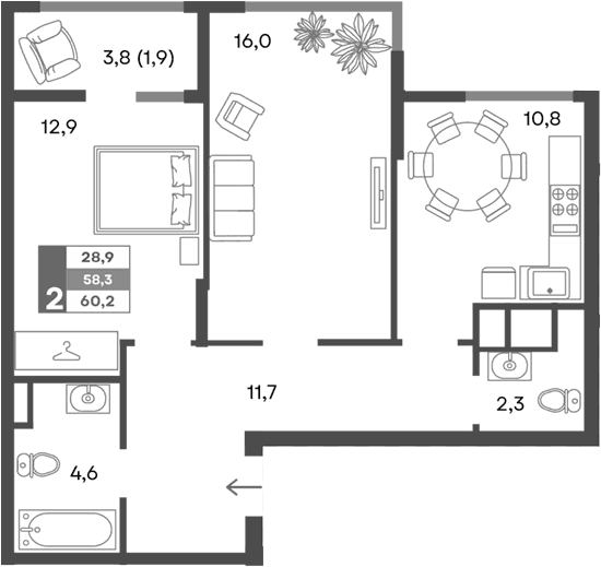 2-комн., 58.3 м²
