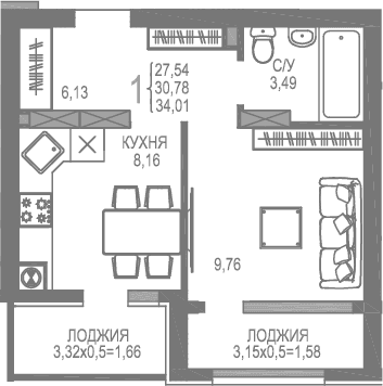 1-комн., 27.54 м²