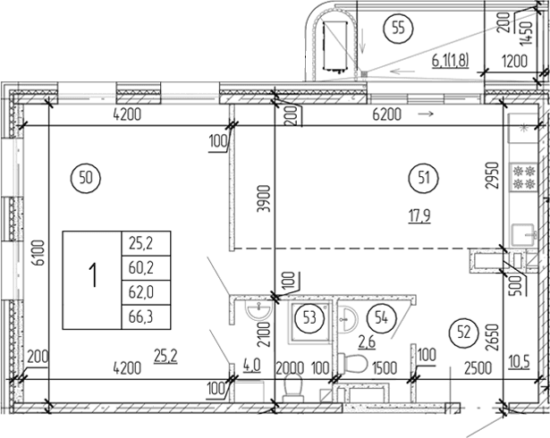 1-комн., 60.2 м²