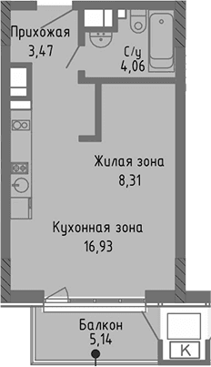 Студия, 32.77 м²
