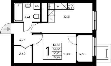 1-комн., 34.56 м²