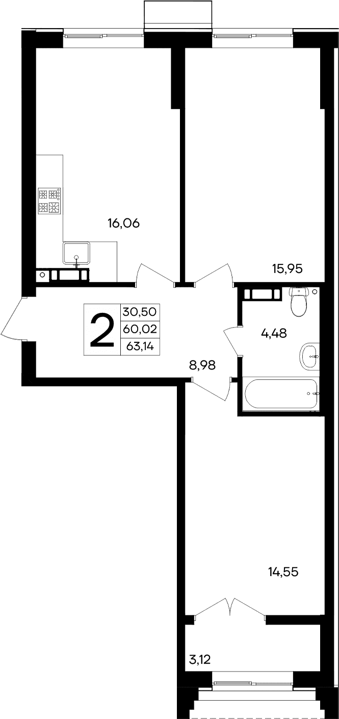 2-комн., 60.02 м²