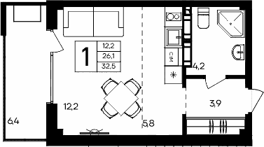 Студия, 26.1 м²