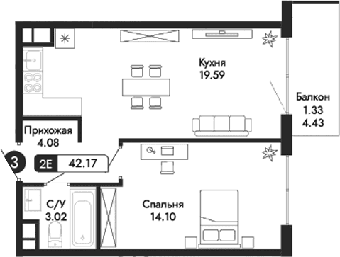 2-комн., 40.84 м²