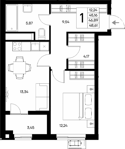 1-комн., 45.16 м²