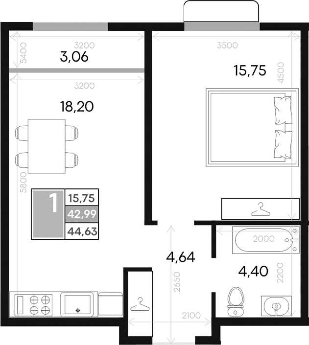 1-комн., 43.1 м²
