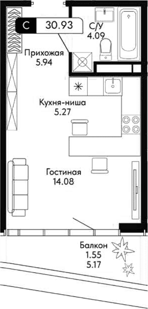 Студия, 29.38 м²
