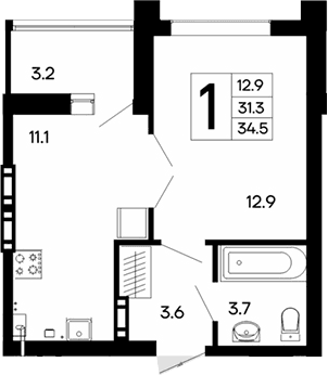 1-комн., 31.3 м²